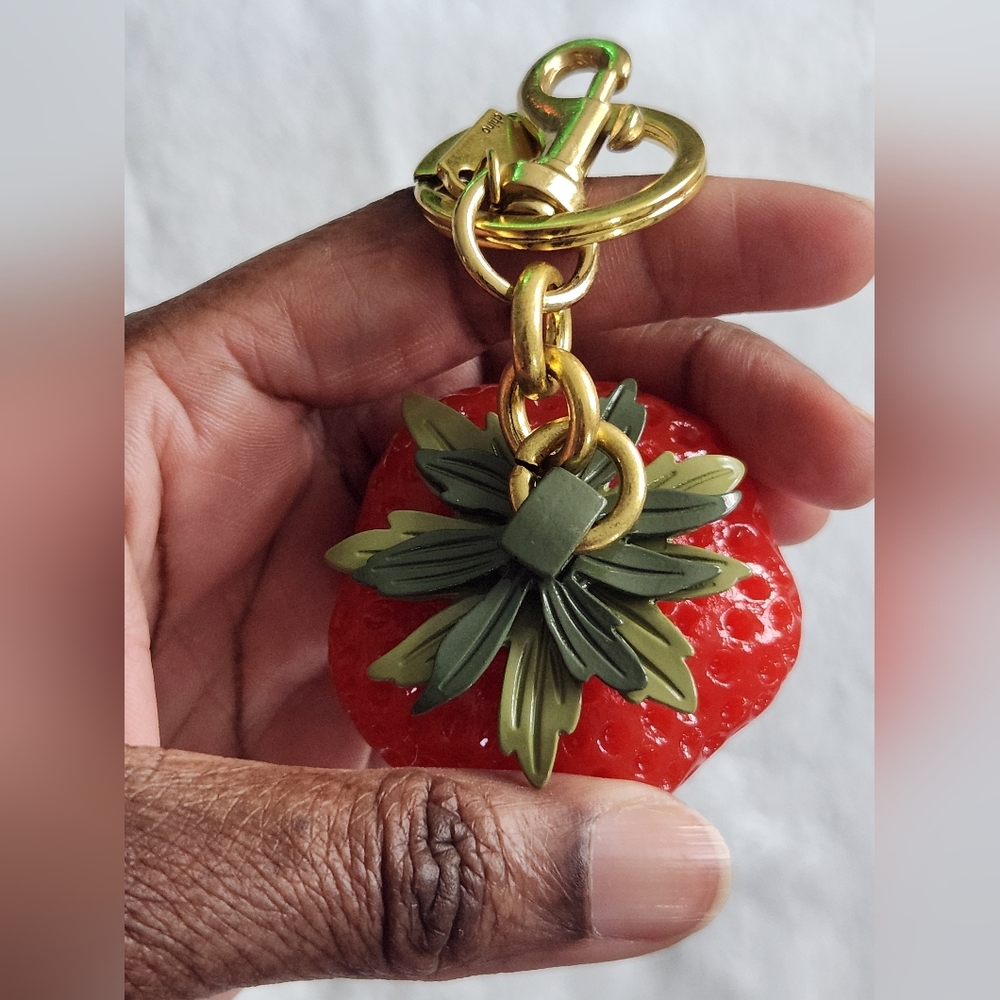 Red Strawberry Keychain with Gold Hardware Luxury Logo Bag Charm - Picture 8 of 8